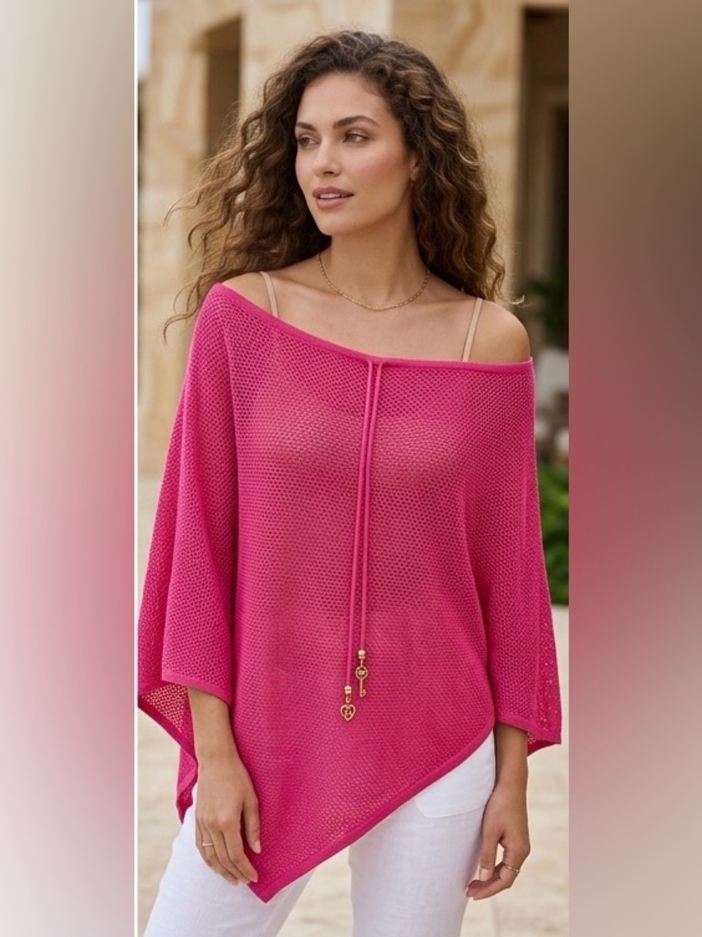 St. John Sport Knit Poncho Pink Open Knit Drawstring Neck Asymmetrical OSFA